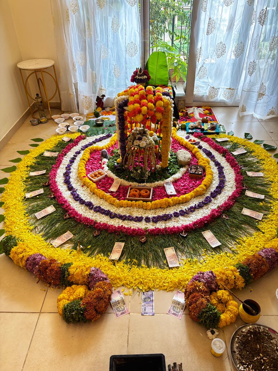 Elaborate floral mandala for puja