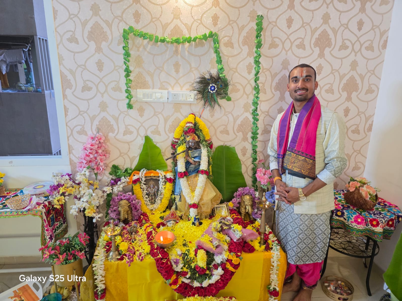 Krishna puja setup with pandit